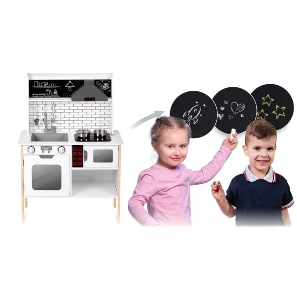 Játékkonyha, Ricokids RC-846, 95 x 70 x 29,5 cm, fa és MDF, interaktív elemekkel, LED világítással és főzési hangokkal