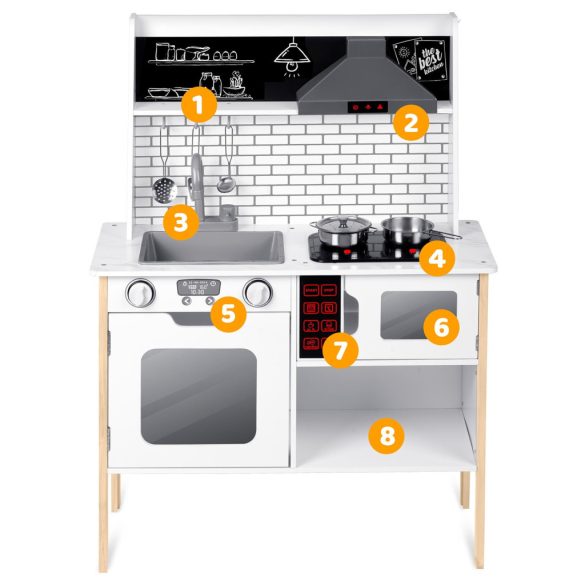 Játékkonyha, Ricokids RC-846, 95 x 70 x 29,5 cm, fa és MDF, interaktív elemekkel, LED világítással és főzési hangokkal