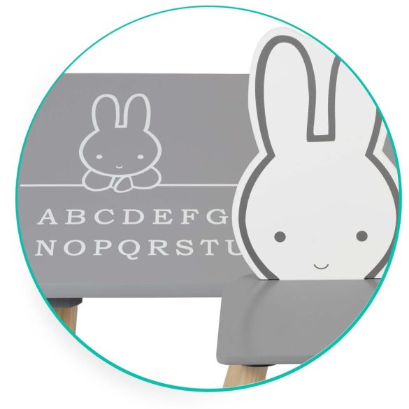 Fa játékasztal, Ricokids RC-847, asztal + 2 szék, fa és MDF, nyuszi motívum, ábécés asztallap, UV-álló, nem mérgező festék, 80 kg teherbírás