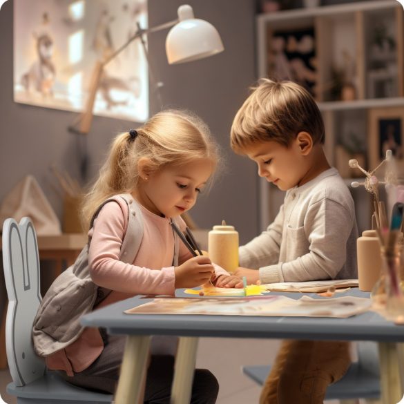 Fa játékasztal, Ricokids RC-847, asztal + 2 szék, fa és MDF, nyuszi motívum, ábécés asztallap, UV-álló, nem mérgező festék, 80 kg teherbírás