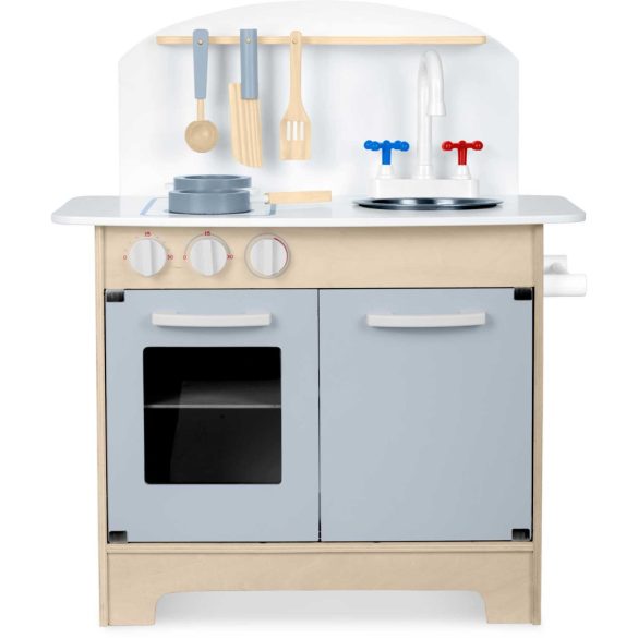 Játékkonyha, Ricokids, 48,5 × 28 × 70 cm, fa és MDF, nyitható ajtókkal, forgatható gombokkal, mosogatóval, edénykészlettel