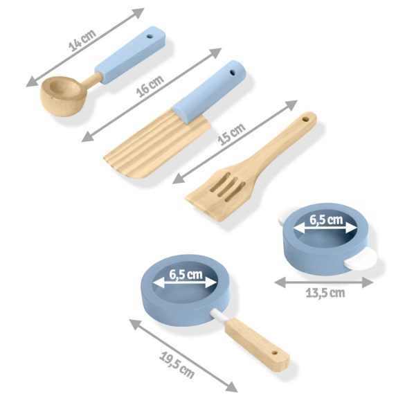 Játékkonyha, Ricokids, 48,5 × 28 × 70 cm, fa és MDF, nyitható ajtókkal, forgatható gombokkal, mosogatóval, edénykészlettel