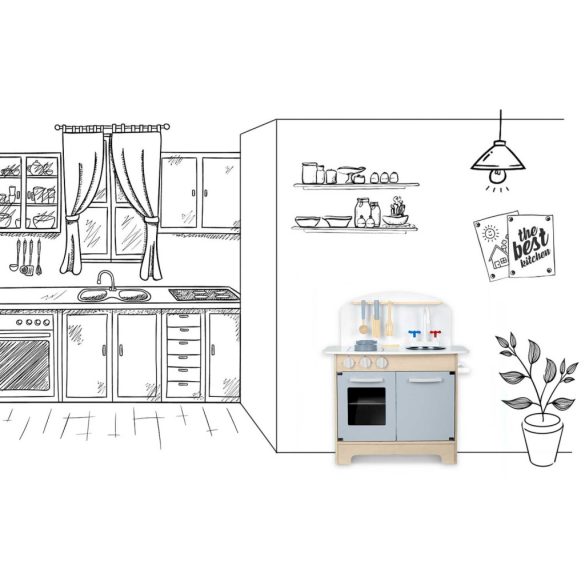 Játékkonyha, Ricokids, 48,5 × 28 × 70 cm, fa és MDF, nyitható ajtókkal, forgatható gombokkal, mosogatóval, edénykészlettel