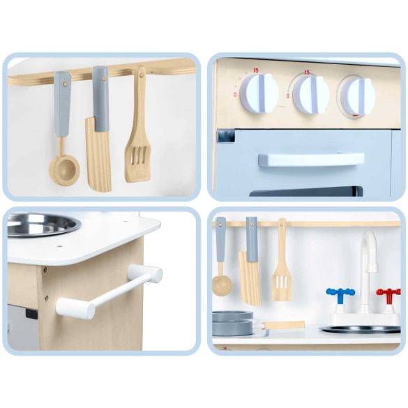 Játékkonyha, Ricokids, 48,5 × 28 × 70 cm, fa és MDF, nyitható ajtókkal, forgatható gombokkal, mosogatóval, edénykészlettel