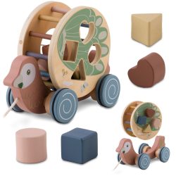   Húzható fajáték, Nukido NK-854, papagáj, levehető formabedobóval, Montessori ihletésű, fejlesztő, természetes fa, zsinórral húzható