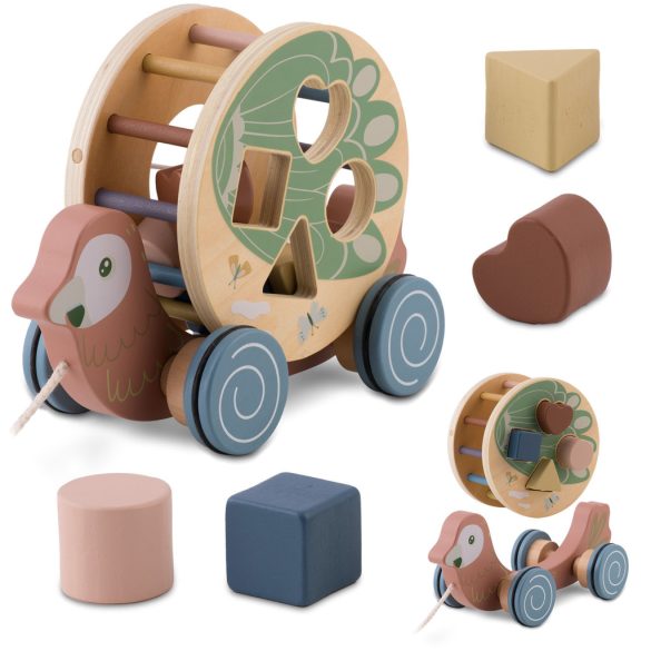 Húzható fajáték, Nukido NK-854, papagáj, levehető formabedobóval, Montessori ihletésű, fejlesztő, természetes fa, zsinórral húzható