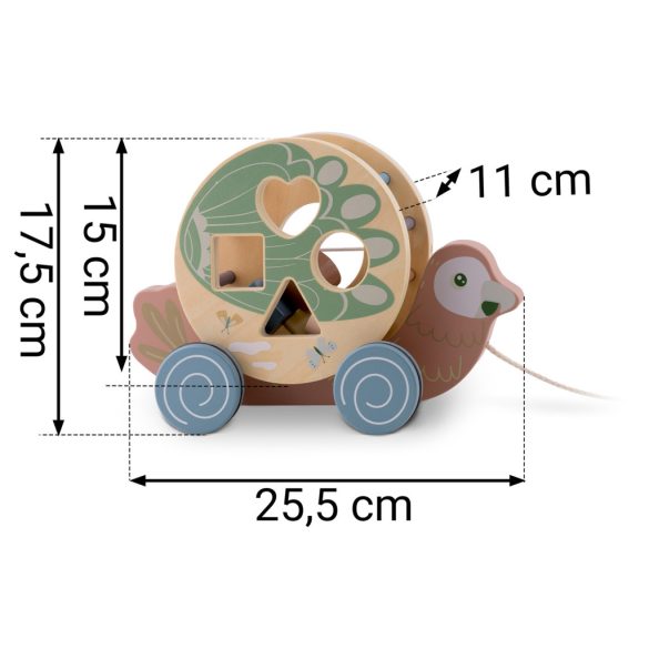 Húzható fajáték, Nukido NK-854, papagáj, levehető formabedobóval, Montessori ihletésű, fejlesztő, természetes fa, zsinórral húzható