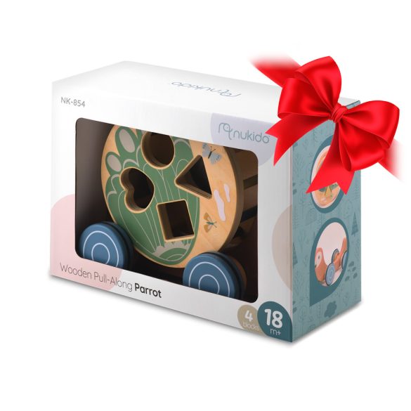 Húzható fajáték, Nukido NK-854, papagáj, levehető formabedobóval, Montessori ihletésű, fejlesztő, természetes fa, zsinórral húzható