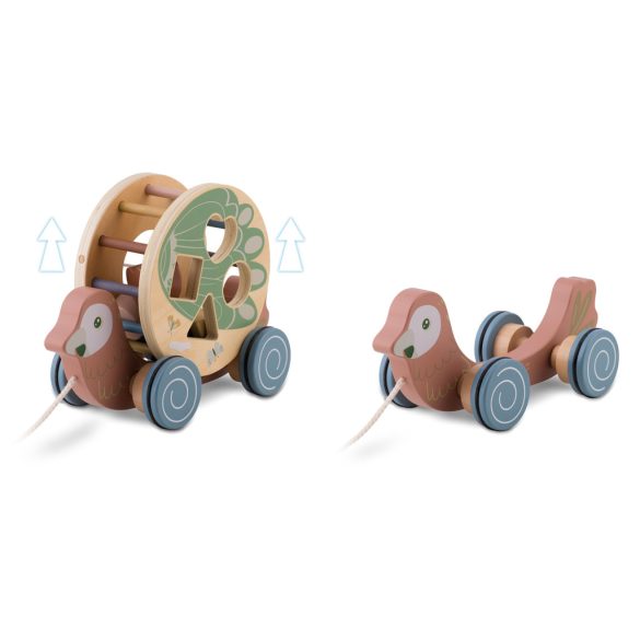 Húzható fajáték, Nukido NK-854, papagáj, levehető formabedobóval, Montessori ihletésű, fejlesztő, természetes fa, zsinórral húzható