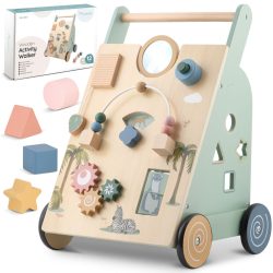   Fa járássegítő bébitoló, Nukido NK-857, fa, Montessori-inspirált, szenzoros, formaválogatóval, abakusszal és forgó tükörrel, stabil fogantyú