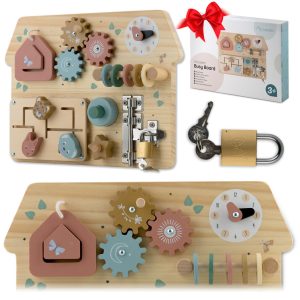 Fa szenzoros fajáték, Nukido NK-859, Montessori-inspirált, készségfejlesztő, zárakkal és fogaskerekekkel, EN71 tanúsítvánnyal