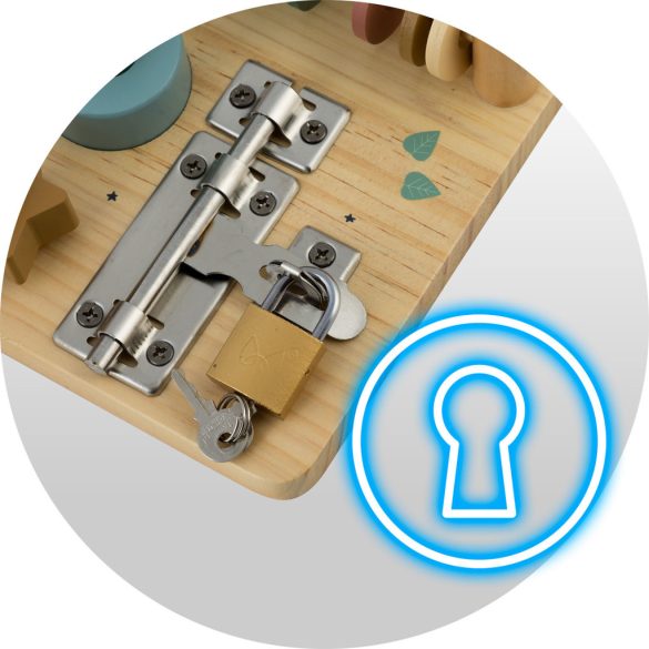 Fa szenzoros fajáték, Nukido NK-859, Montessori-inspirált, készségfejlesztő, zárakkal és fogaskerekekkel, EN71 tanúsítvánnyal