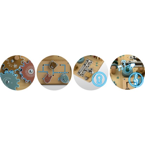 Fa szenzoros fajáték, Nukido NK-859, Montessori-inspirált, készségfejlesztő, zárakkal és fogaskerekekkel, EN71 tanúsítvánnyal