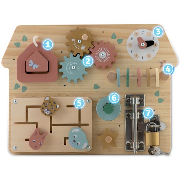 Fa szenzoros fajáték, Nukido NK-859, Montessori-inspirált, készségfejlesztő, zárakkal és fogaskerekekkel, EN71 tanúsítvánnyal