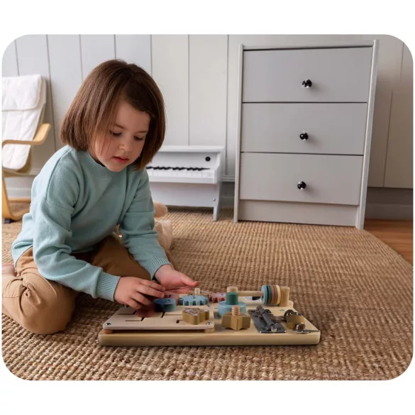 Fa szenzoros fajáték, Nukido NK-859, Montessori-inspirált, készségfejlesztő, zárakkal és fogaskerekekkel, EN71 tanúsítvánnyal