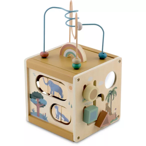 Fa fejlesztő kocka, Nukido NK-861, fa, Montessori inspirált, golyópályával, formaválogatóval, labirintussal, utazáshoz is praktikus