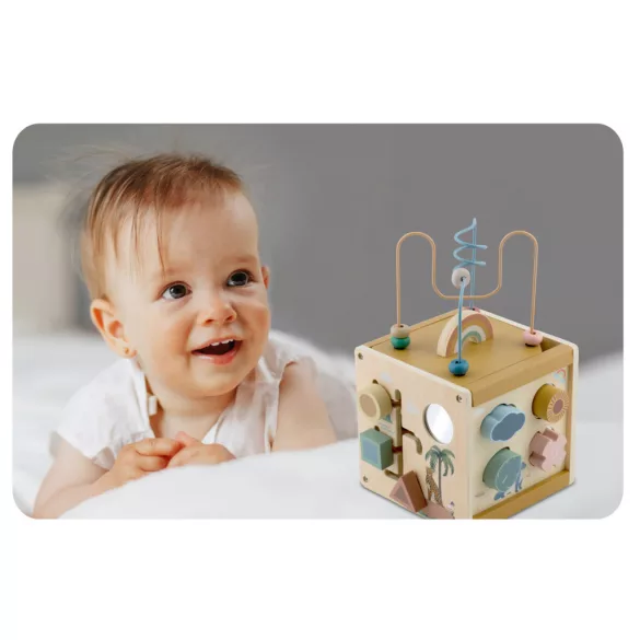 Fa fejlesztő kocka, Nukido NK-861, fa, Montessori inspirált, golyópályával, formaválogatóval, labirintussal, utazáshoz is praktikus