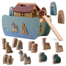   Fajáték szett, Nukido NK-862, Noé bárkája, fa, pasztell színek, Montessori inspirált, formabedobó, állatfigurákkal