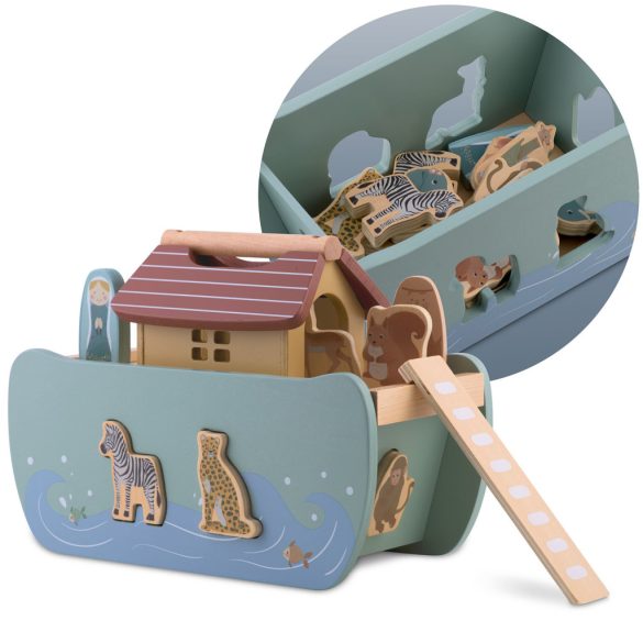 Fajáték szett, Nukido NK-862, Noé bárkája, fa, pasztell színek, Montessori inspirált, formabedobó, állatfigurákkal