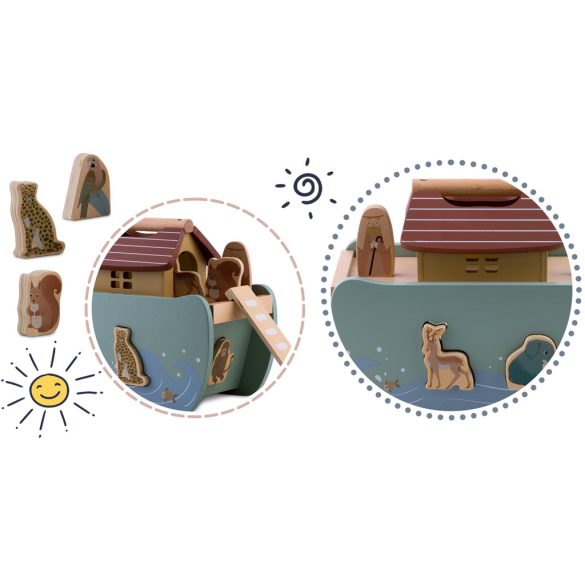 Fajáték szett, Nukido NK-862, Noé bárkája, fa, pasztell színek, Montessori inspirált, formabedobó, állatfigurákkal