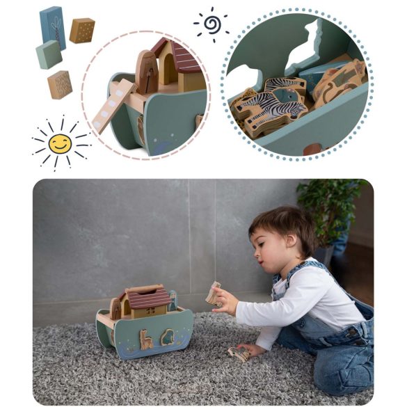 Fajáték szett, Nukido NK-862, Noé bárkája, fa, pasztell színek, Montessori inspirált, formabedobó, állatfigurákkal