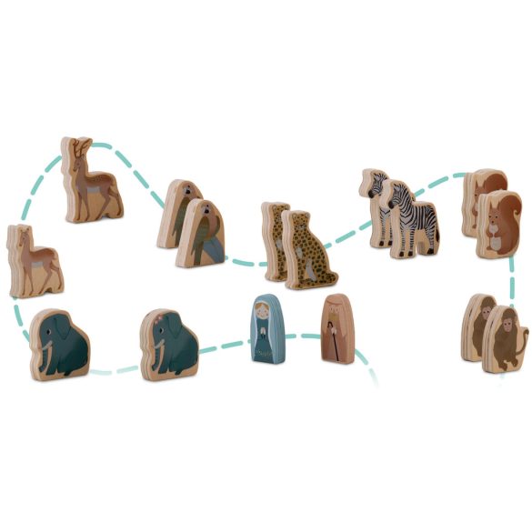 Fajáték szett, Nukido NK-862, Noé bárkája, fa, pasztell színek, Montessori inspirált, formabedobó, állatfigurákkal