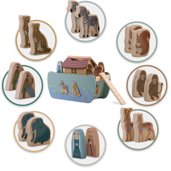 Fajáték szett, Nukido NK-862, Noé bárkája, fa, pasztell színek, Montessori inspirált, formabedobó, állatfigurákkal