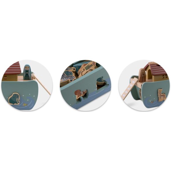 Fajáték szett, Nukido NK-862, Noé bárkája, fa, pasztell színek, Montessori inspirált, formabedobó, állatfigurákkal