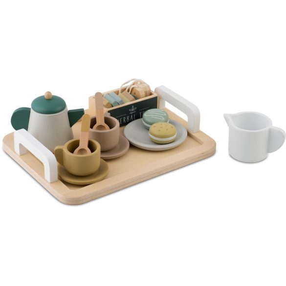 Fa teáskészlet, Nukido NK-864, pasztell, Montessori ihletésű, tálcával és csészékkel, biztonságos festékkel, EN tanúsítvánnyal