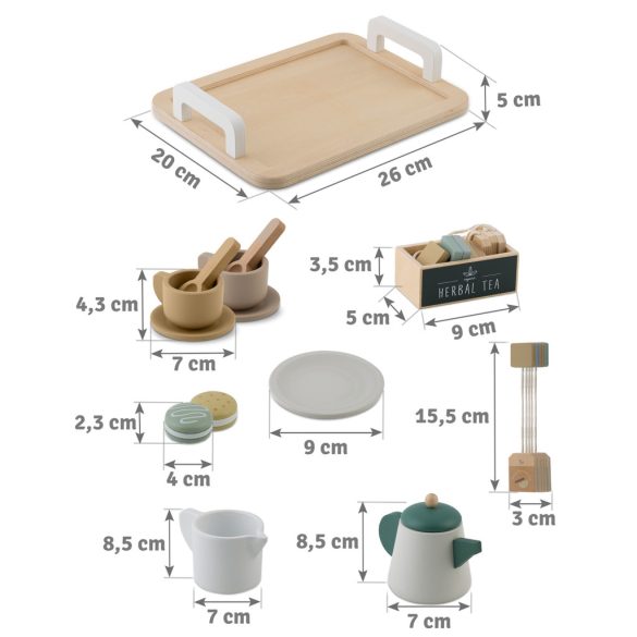 Fa teáskészlet, Nukido NK-864, pasztell, Montessori ihletésű, tálcával és csészékkel, biztonságos festékkel, EN tanúsítvánnyal