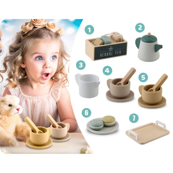 Fa teáskészlet, Nukido NK-864, pasztell, Montessori ihletésű, tálcával és csészékkel, biztonságos festékkel, EN tanúsítvánnyal
