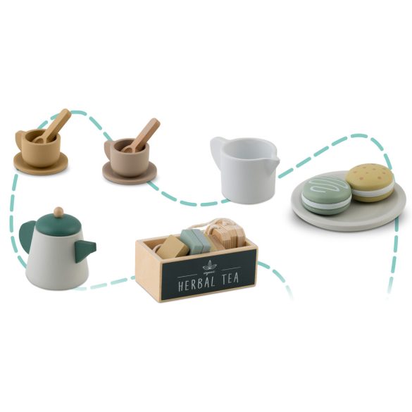 Fa teáskészlet, Nukido NK-864, pasztell, Montessori ihletésű, tálcával és csészékkel, biztonságos festékkel, EN tanúsítvánnyal