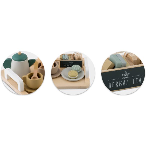 Fa teáskészlet, Nukido NK-864, pasztell, Montessori ihletésű, tálcával és csészékkel, biztonságos festékkel, EN tanúsítvánnyal
