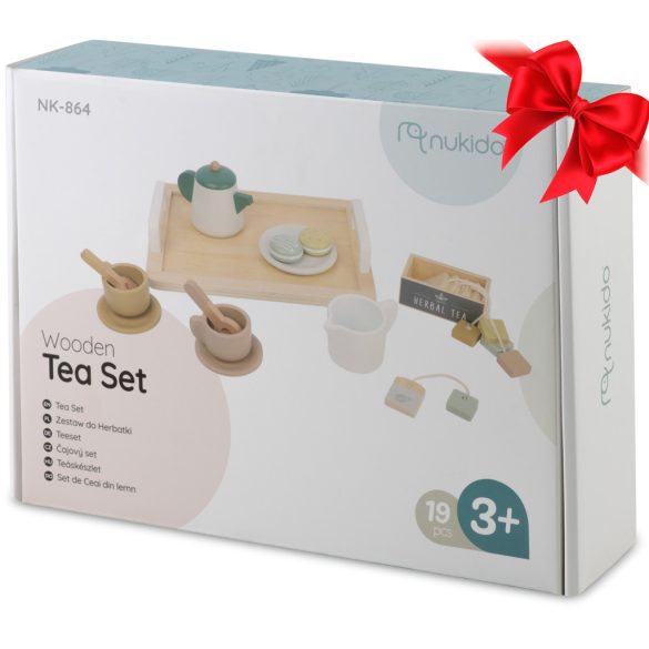Fa teáskészlet, Nukido NK-864, pasztell, Montessori ihletésű, tálcával és csészékkel, biztonságos festékkel, EN tanúsítvánnyal