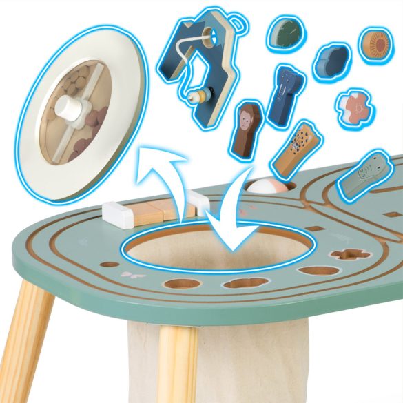 Fa multifunkciós játékasztal, Nukid NK-865, fa, 75 x 45 x 42 cm, Montessori ihletésű, szenzoros, beépített tárolóval