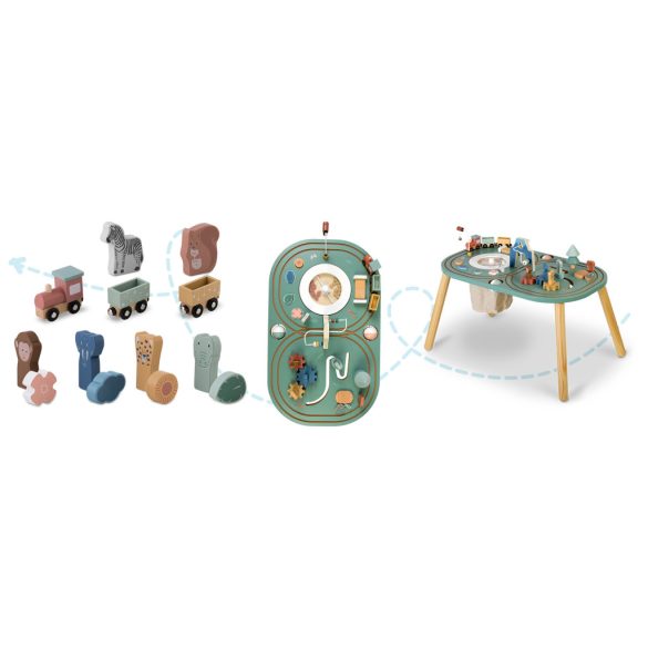 Fa multifunkciós játékasztal, Nukid NK-865, fa, 75 x 45 x 42 cm, Montessori ihletésű, szenzoros, beépített tárolóval