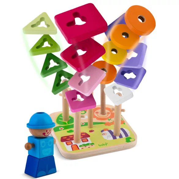 Fa formaválogató, Ricokids RK-866, 16 db, színes, 5 pálcás, készségfejlesztő, biztonságos festékekkel