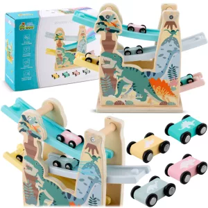 Fa autópálya, Ricokids RK-867, 4 db kisautóval, 4 szintes, dínó mintás, Montessori ihletésű