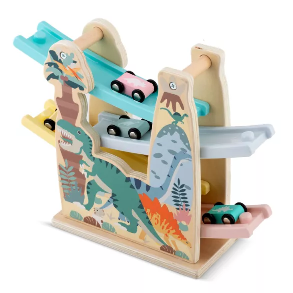 Fa autópálya, Ricokids RK-867, 4 db kisautóval, 4 szintes, dínó mintás, Montessori ihletésű