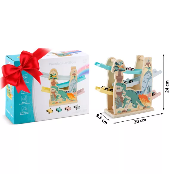 Fa autópálya, Ricokids RK-867, 4 db kisautóval, 4 szintes, dínó mintás, Montessori ihletésű
