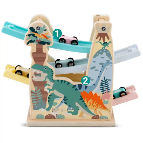 Fa autópálya, Ricokids RK-867, 4 db kisautóval, 4 szintes, dínó mintás, Montessori ihletésű