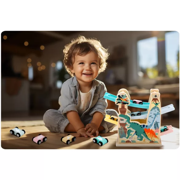 Fa autópálya, Ricokids RK-867, 4 db kisautóval, 4 szintes, dínó mintás, Montessori ihletésű