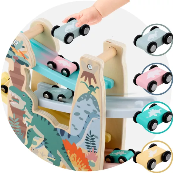 Fa autópálya, Ricokids RK-867, 4 db kisautóval, 4 szintes, dínó mintás, Montessori ihletésű