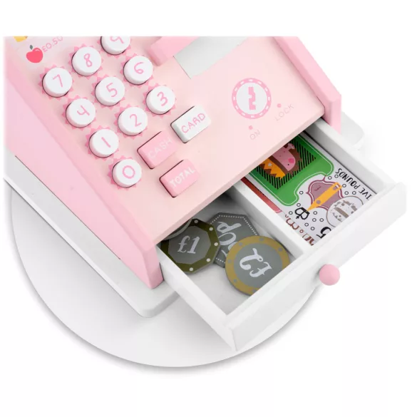 Fajáték pénztárgép, Ricokids RK-868, színes, szkennerrel és kártyaterminállal, nyíló fiókkal, bankjegyekkel és érmékkel