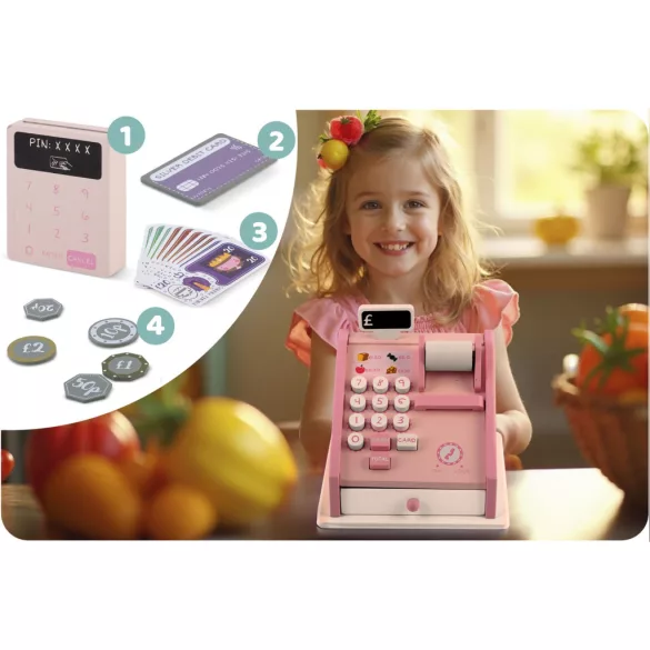 Fajáték pénztárgép, Ricokids RK-868, színes, szkennerrel és kártyaterminállal, nyíló fiókkal, bankjegyekkel és érmékkel