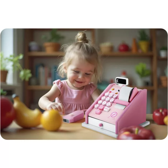 Fajáték pénztárgép, Ricokids RK-868, színes, szkennerrel és kártyaterminállal, nyíló fiókkal, bankjegyekkel és érmékkel