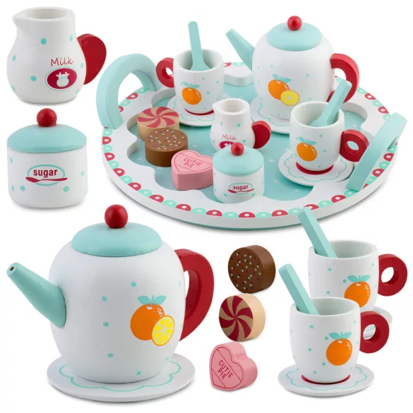 Fa teáskészlet, Ricokids RK-869, fa, pasztell színek, Montessori ihletésű, tálcával, csészékkel, kanalakkal, tejeskannával és cukortartóval, készségfejlesztő