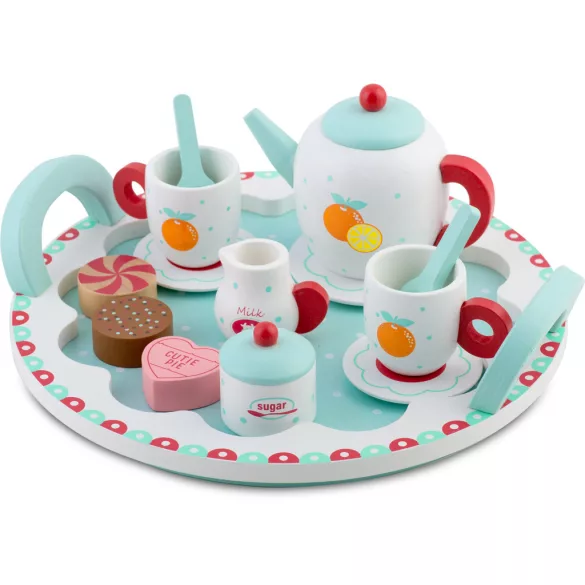 Fa teáskészlet, Ricokids RK-869, fa, pasztell színek, Montessori ihletésű, tálcával, csészékkel, kanalakkal, tejeskannával és cukortartóval, készségfejlesztő