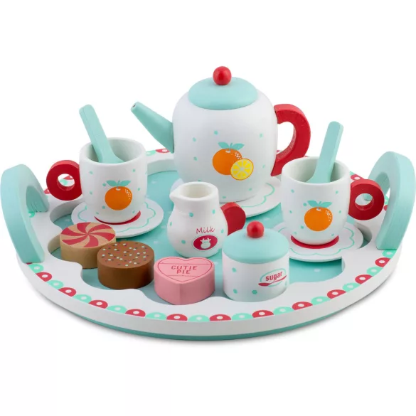Fa teáskészlet, Ricokids RK-869, fa, pasztell színek, Montessori ihletésű, tálcával, csészékkel, kanalakkal, tejeskannával és cukortartóval, készségfejlesztő