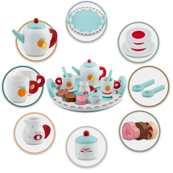 Fa teáskészlet, Ricokids RK-869, fa, pasztell színek, Montessori ihletésű, tálcával, csészékkel, kanalakkal, tejeskannával és cukortartóval, készségfejlesztő